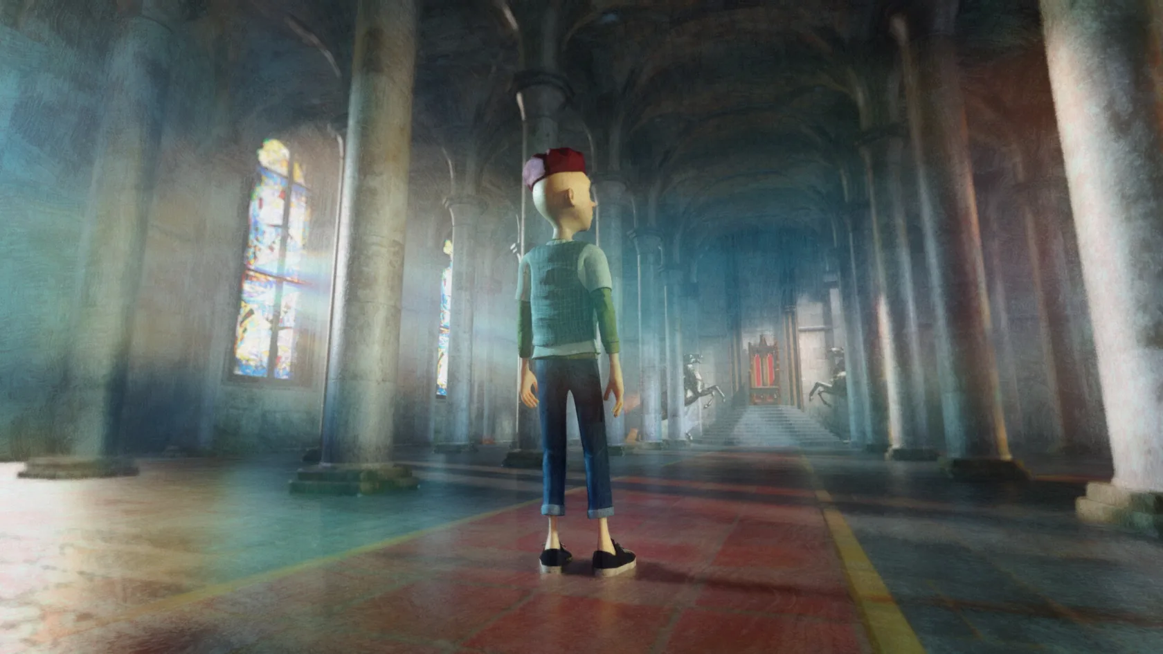 An animated character faces a throne inside a cathedral-like hall.