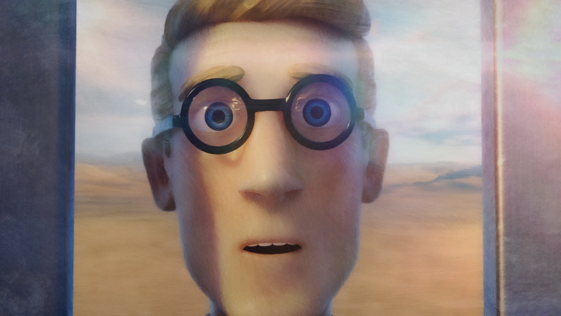 An animated face with round glasses stares through a window.
