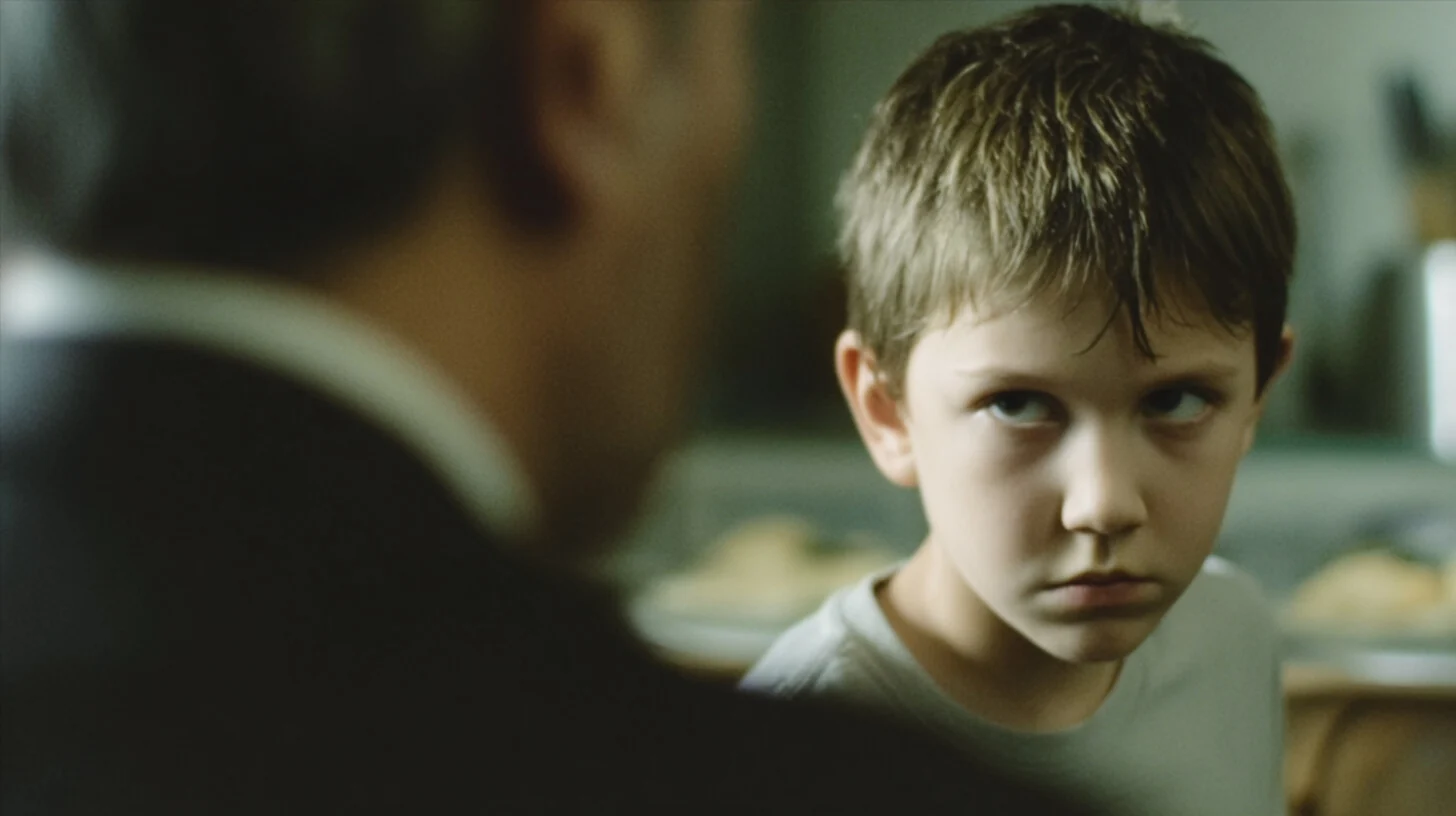 A young boy looks sideways across a table.