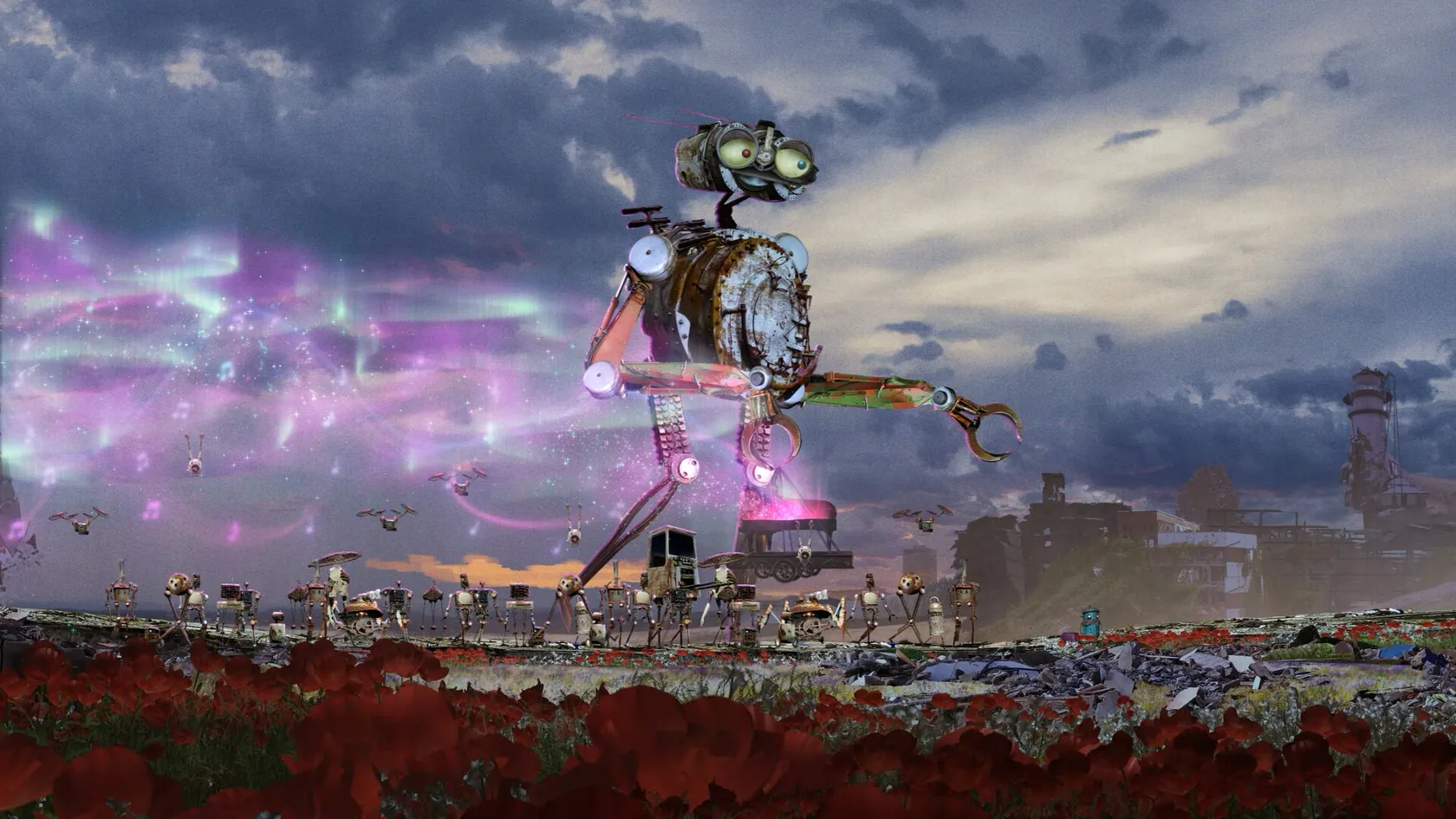 A giant robot walks through red flowers under a strange sky.