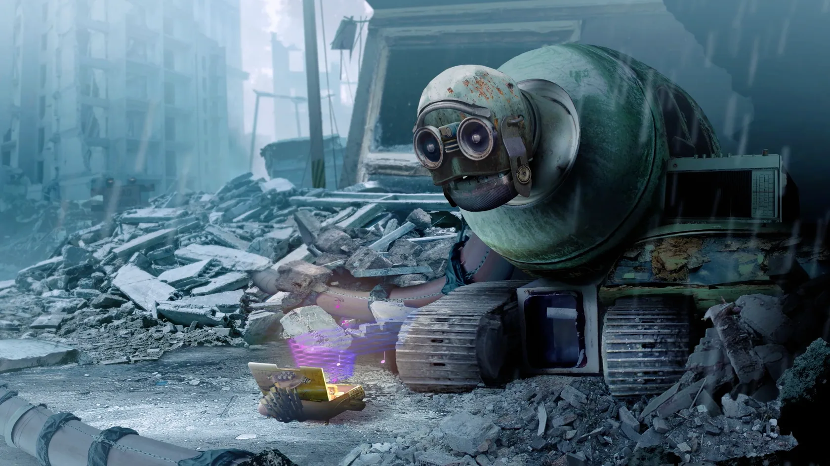 A round robot searches rubble beside a glowing object.
