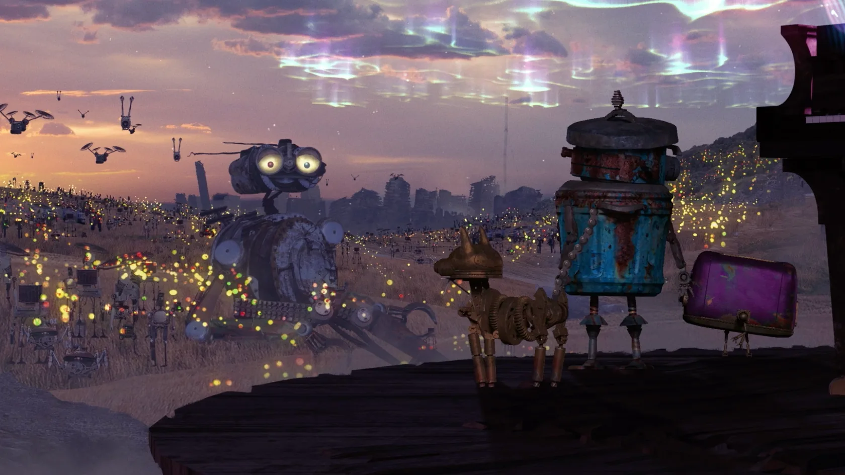 Small robots look over a glowing, post-apocalyptic landscape.